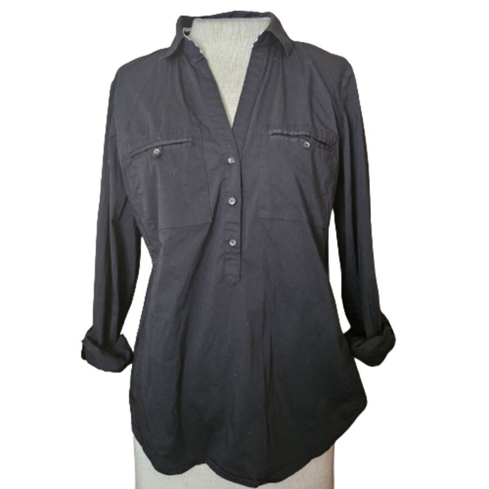 Black Roll Tab Sleeve Collared Blouse Size Small